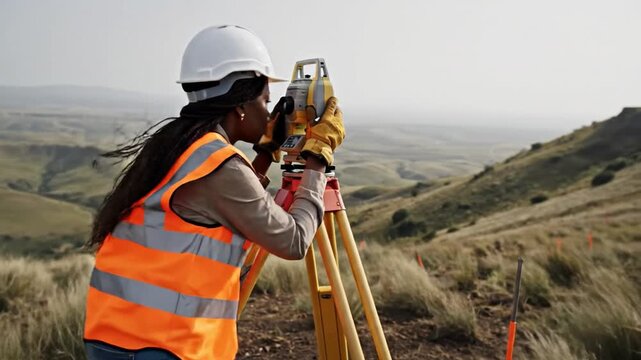 Professional surveyor using a transit on a windy hilltop, meticulously mapping the rugged terrain for engineering projects.