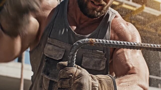 Muscular construction worker manually bending steel rebar at a building site focusing on structural reinforcement