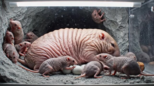 Naked Mole Rat Queen Surrounded by Workers and Young in Underground Colony