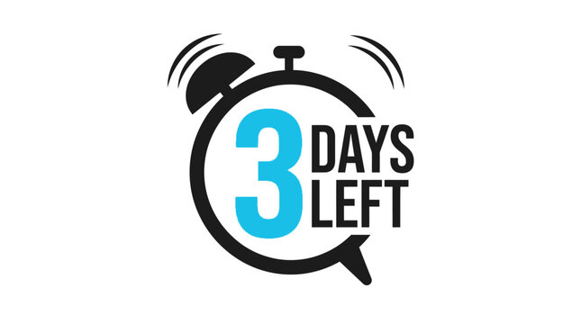 Graphic alarm clock illustration with blue number three and text saying days left