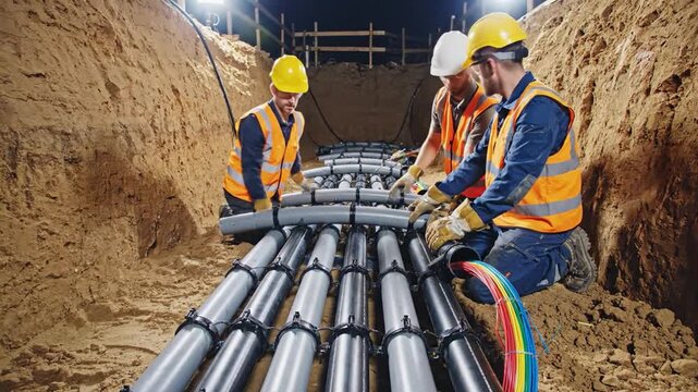 Skilled construction workers meticulously install intricate electrical cable conduits within a deep trench, ensuring essential underground utility infrastructure.