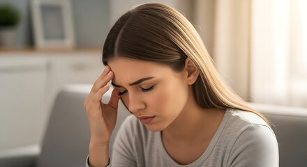 Fototapeta premium Stressed Young Woman Touching Face in Living Room
