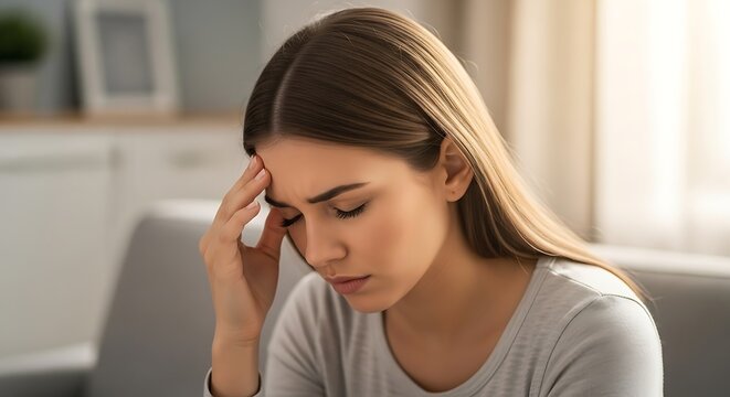 Stressed Young Woman Touching Face in Living Room