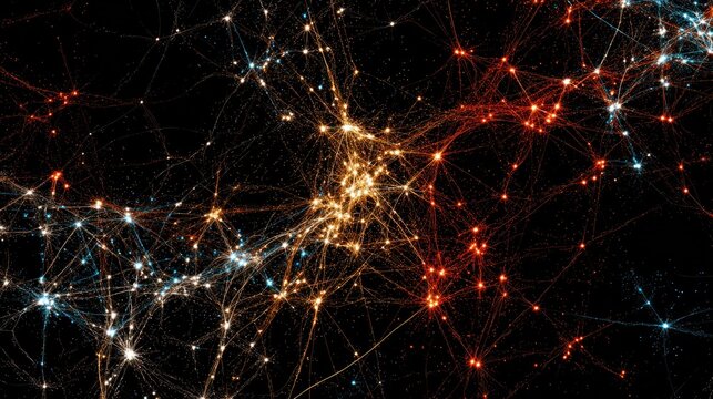 Illuminated connections form a complex cosmic web structure against a dark background