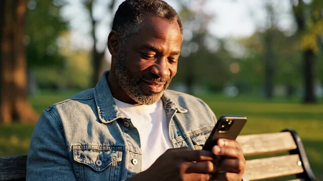 Man using smartphone outdoors in park, enjoying technology and communication.