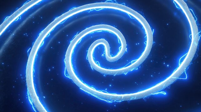 Electric current flows along a luminous spiraling cable against a dark background