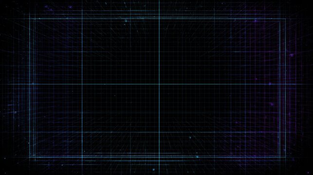 Glowing neon blue and purple digital grid structure frames a central dark rectangular area on a black background.