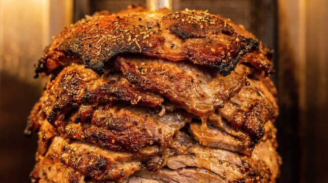 Close-up of juicy, seasoned meat rotating on a vertical rotisserie spit, commonly used for shawarma or d?ner kebab, showing layers of thinly sliced meat being carved.