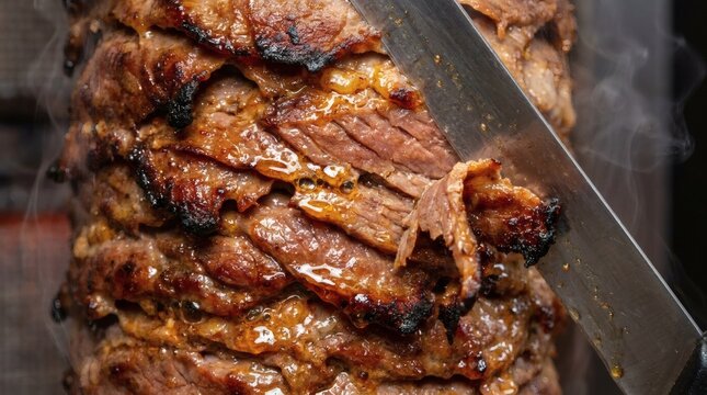 Close-up of juicy shawarma meat being sliced from a vertical rotisserie by a sharp knife, with steam rising, highlighting delicious texture and cooking process.