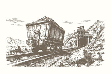 Mining cart and tunnel vector illustration in vintage engraved line art style featuring industrial railway scenery and rocky terrain © Chairul