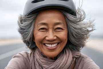 Fototapeta premium Smiling mature woman wearing helmet outdoors with windblown hair