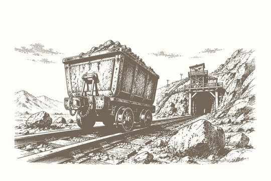 Mining cart and tunnel vector illustration in vintage engraved line art style featuring industrial railway scenery and rocky terrain