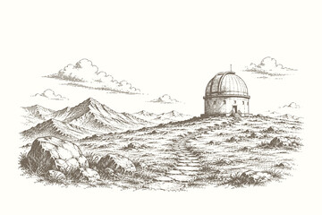 Observatory hill landscape vector illustration with mountain scenery and stone pathway in intricate vintage engraved line art style © Chairul