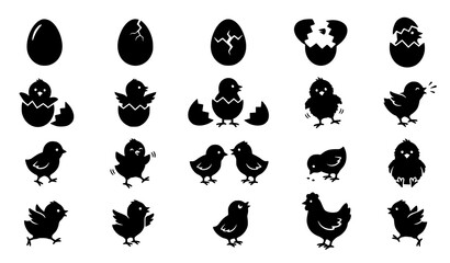 Obraz premium Baby chick hatching from egg silhouette icon vector collection isolated on white background