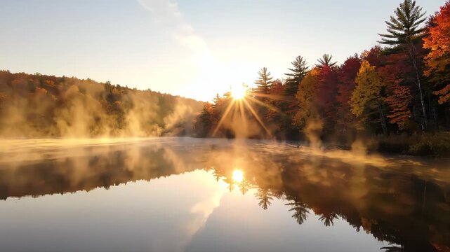 Sunlit misty lake at sunrise with vibrant autumn trees and reflections