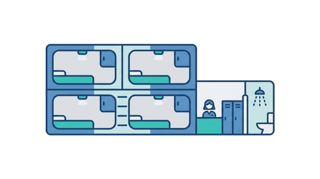 Modern Capsule Hotel Interior Design with Bunk Beds and Reception Area.