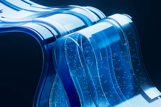 3D glass data junction with blue glowing pathways