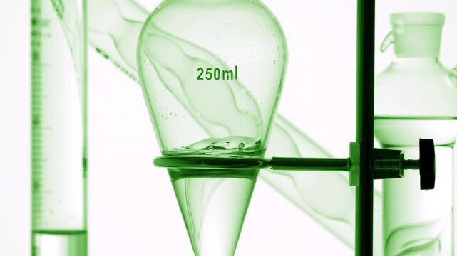 Scientific setup with ball absorber, graduated cylinder, bulb condenser, separatory funnel as clear transparent liquid is injected, producing waves inside on solid white surface | Cosmetic toner