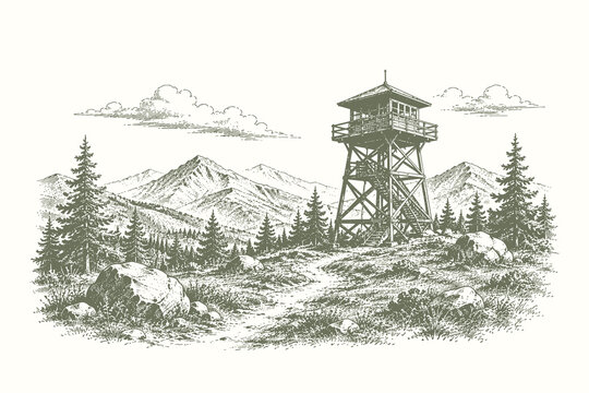 Detailed watchtower mountain landscape vector illustration featuring forest scenery and rugged terrain in vintage engraved line art style