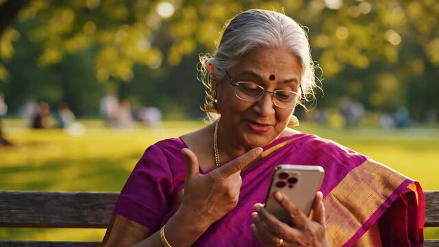 Happy elderly woman using smartphone outdoors in a park setting.
