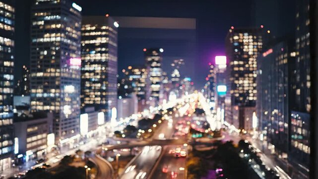 Nighttime Cityscape View Through Window - Skyscrapers, Traffic, and Lights.