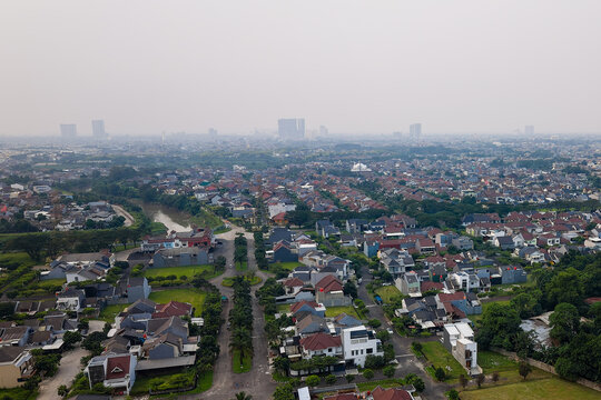 Aerial view of thick air pollution and smog over Bekasi, Indonesia