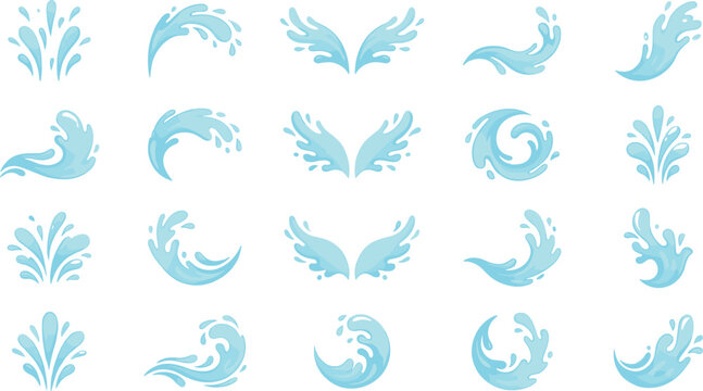 Water splash vector icon set with blue waves drops and liquid curls isolated on white background for hygiene cosmetics marine theme graphic design. (25 words)