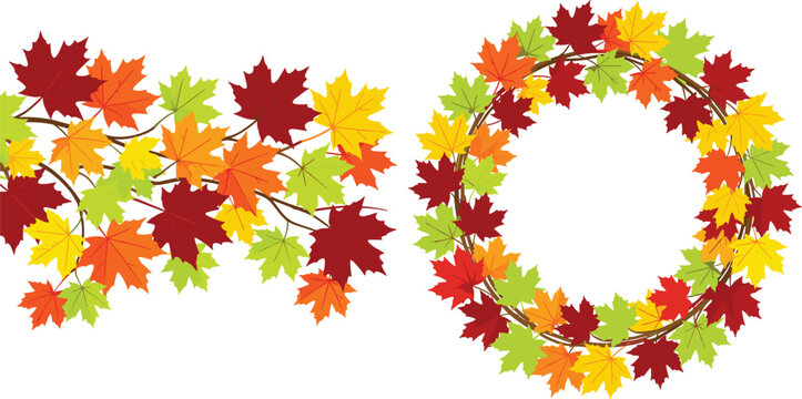 Colorful fall foliage border frame design with red yellow orange maple leaves on branches flat vector illustration pack for autumn festival promotional banners. (25 words)