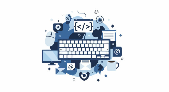 Modern flat design illustration of a developer workspace with keyboard, coding symbols, computer, and email icons