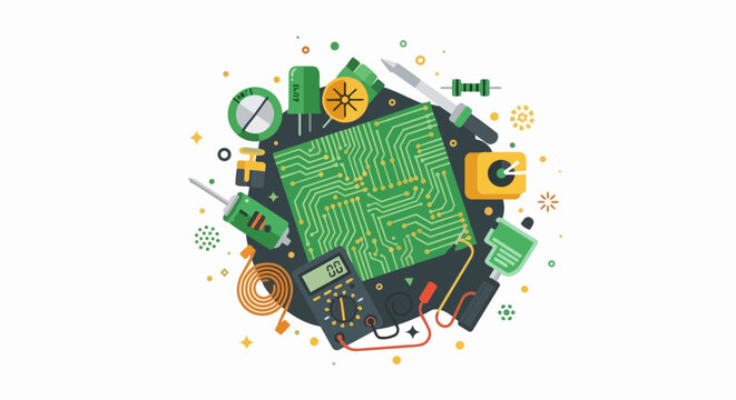 Flat Vector Illustration of Electronic Components, Circuit Board, and Tools for Engineering and Hardware Repair