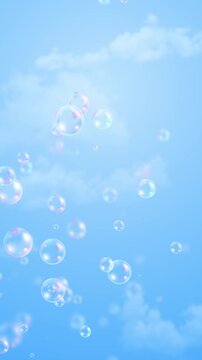Floating Soap Bubble on Blue Sky Clouds background animation,summer air bubbles cosmetics and cleaning vertical social media motion design element