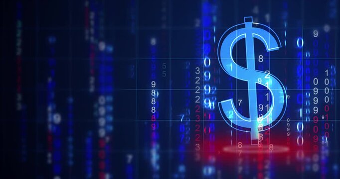 USD Dollar Analytics symbol matrix rain backdrop dark technology background. Stock market crypto hike predicting trading concept. High return yielding investment strategy and digital economy market.

