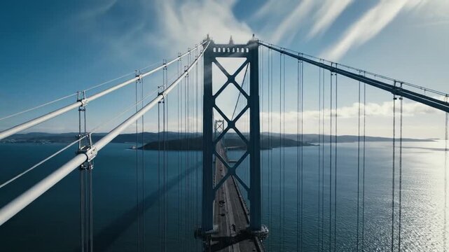 Massive suspension bridge with numerous cables strung across a vast body of water under a cloudy blue sky