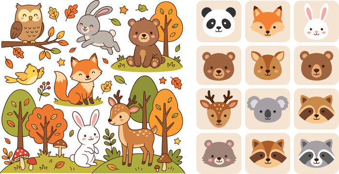 Cute autumn forest animals vector set with cartoon characters like bear fox deer rabbit owl and square icons for children design patterns stickers.
