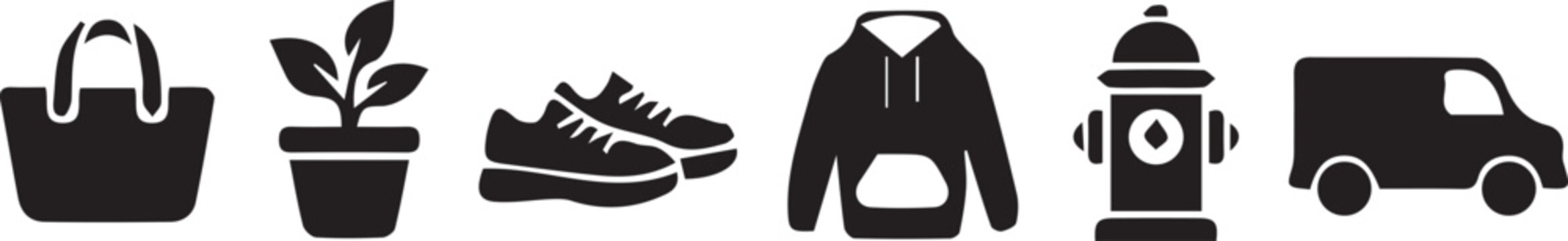 Daily life silhouette icon set, handbag plant vector, sneakers hoodie artwork, fire hydrant design, delivery van graphic, urban lifestyle emblem