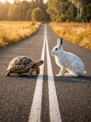 A tortoise and a white rabbit face each other on a sunny rural asphalt road representing the classic fable competition tale © Helen
