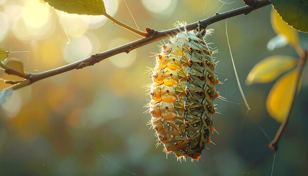 Close up of a caterpillar suspended from a branch in natural sunlight