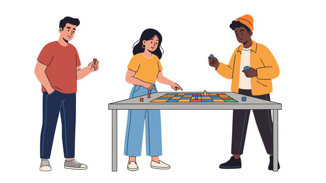 Three friends enjoying a board game together at a table, playing a strategy game with colorful pieces.