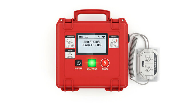 Red automated external defibrillator device ready for emergency use