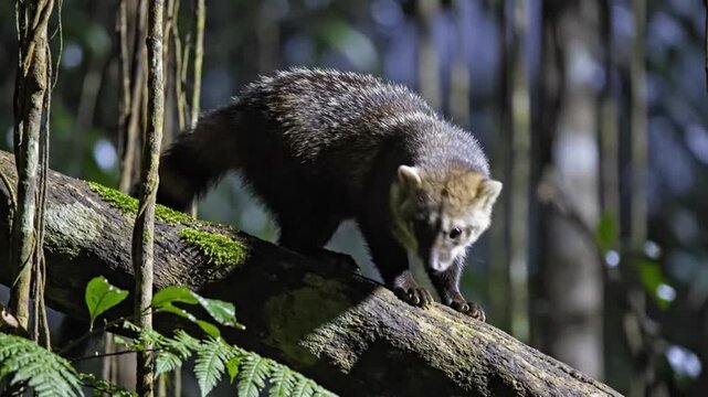 A South American coati carefully walks along a moss-covered tree branch in a lush tropical forest, showcasing natural wildlife behavior in its native habitat.