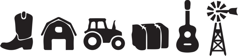 Farm country life silhouette icon set, cowboy boot vector, barn tractor artwork, hay bale design, guitar windmill graphic, rural living emblem © MD SAKIB