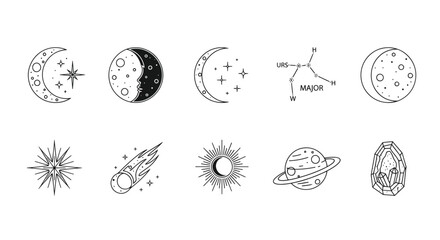 Celestial Icons: Moon Phases, Stars, Comet, Sun, Planet, Crystal © Angsa