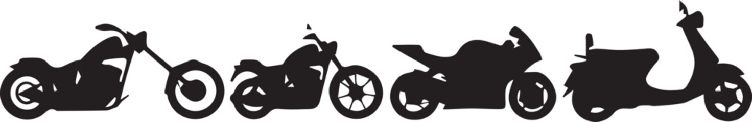 Motorcycle scooter silhouette icon set, chopper sport vector, standard bike artwork, scooter design graphic, two wheel emblem, transportation vehicle symbol © MD SAKIB