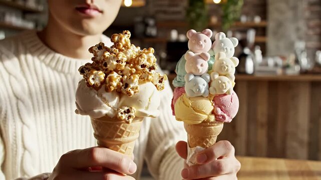 Two towering ice cream cones with multi-colored scoops held by a person in a cozy cafe