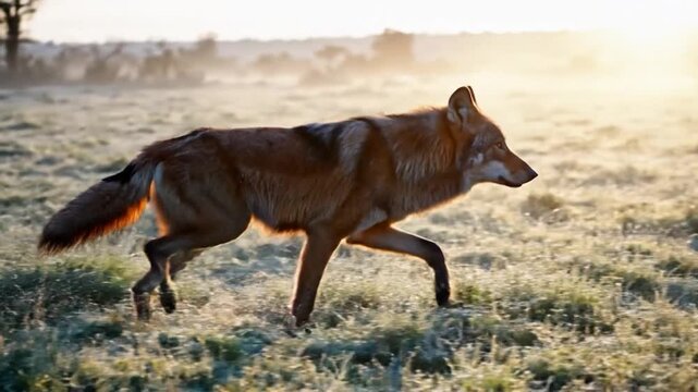 Maned wolf trots through a dew-kissed dawn on a frosty field