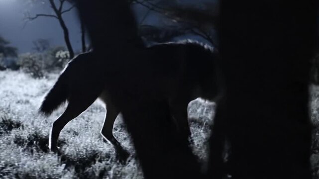 Maned Wolf Walks Through Moonlit Forest Clearing Under Bright Moon, Capturing Night Wildlife Behavior
