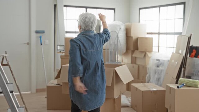 Woman raising both arms above stacked cardboard boxes and open packing cartons in a building moving room; relief new beginning.