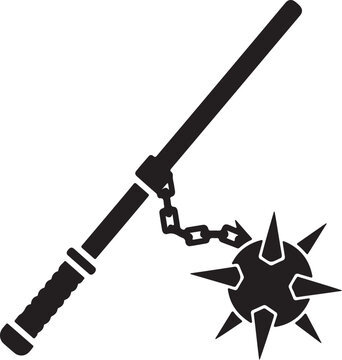  Black silhouette icon of a medieval flail weapon with spiked ball and chain medieval silhouette equipment military historical protection illustration isolated medievalism