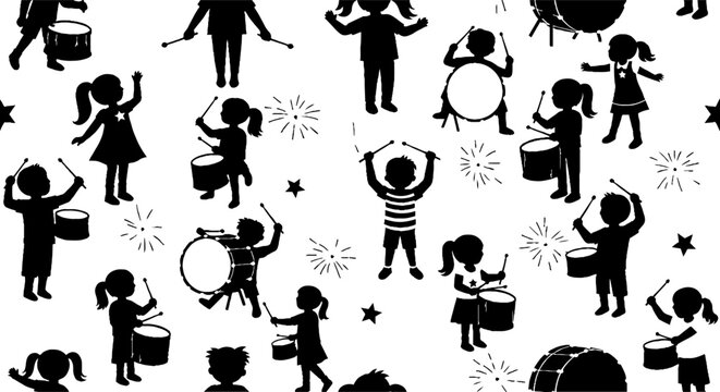 Children playing drums with firework bursts silhouette pattern