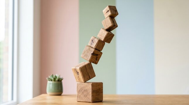 Tilted Wooden Block Tower with Pastel Plant Interior